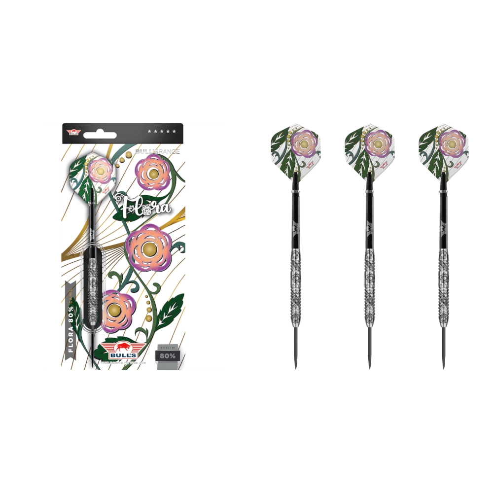 Bull's NL Flora Camil Steeldart 80% (Lieferumfang: 3x Barrel, 3x Spitzen, 3x Flights, 3x Schäfte)