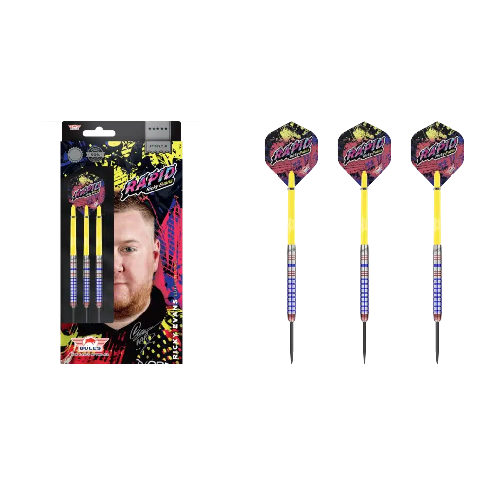 Bull's NL Ricky Evans E1 Steeldart 90% (Lieferumfang: 3x Barrel, 3x Spitzen, 3x Flights, 3x Schäfte)