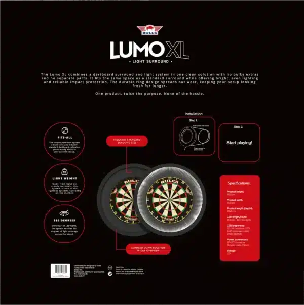 Bull's NL Lumo XL | Dartboardlicht und Surround. Packung Rückseite.